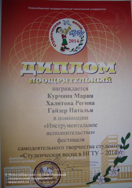 Диплом фестиваля "Студенческая весна в НГТУ - 2014"