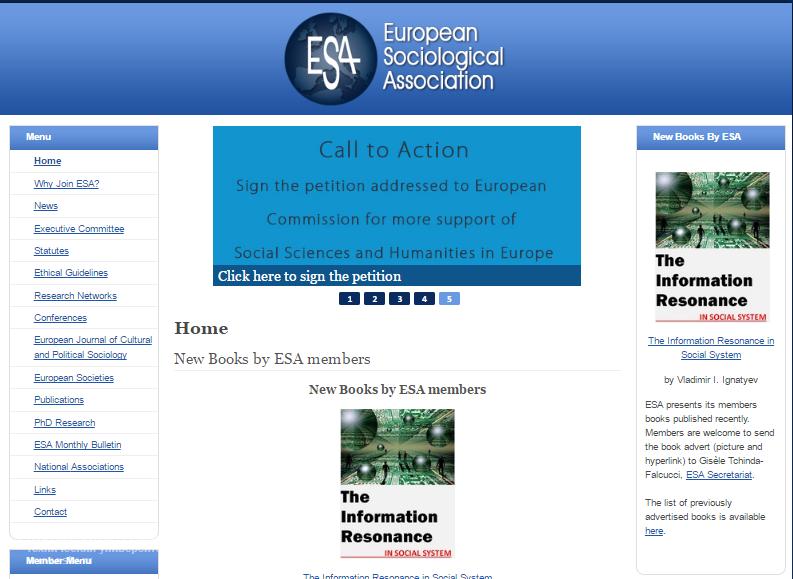 ESA - European Sociological Association  анонс монографии Игнатьева В.И. The Information Resonance in Social System